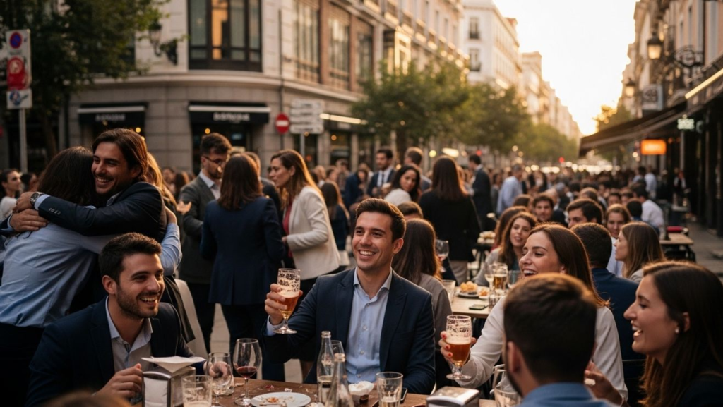Estudiantes disfrutando la vida universitaria en Madrid en una terraza típica de la ciudad.