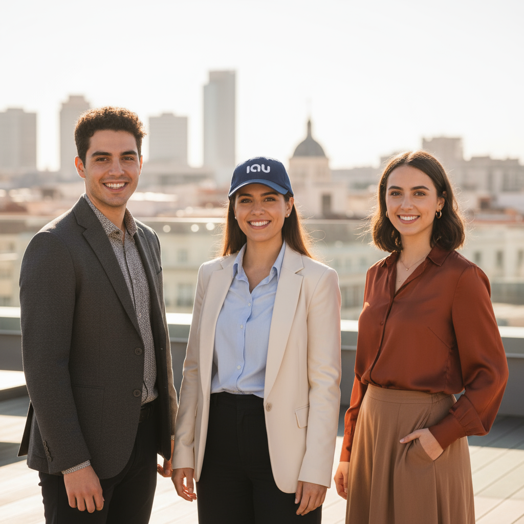 Three students wearing IAU caps at the American university in Madrid