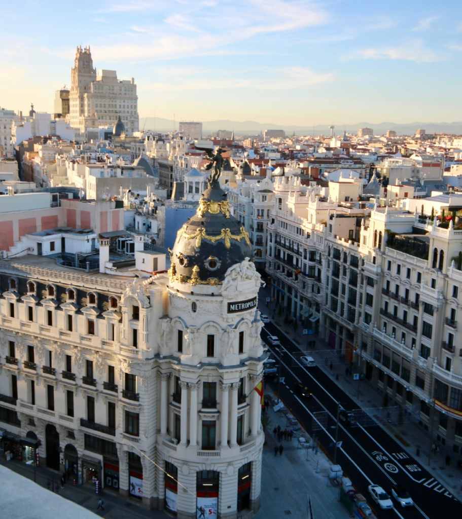 Gran Vía skyline in Madrid with the American University in Madrid in focus