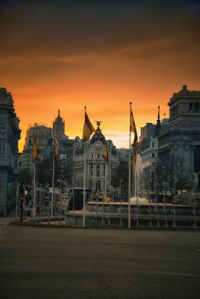 Gran Vía Madrid at sunset, near top-ranked Business Schools in Spain.