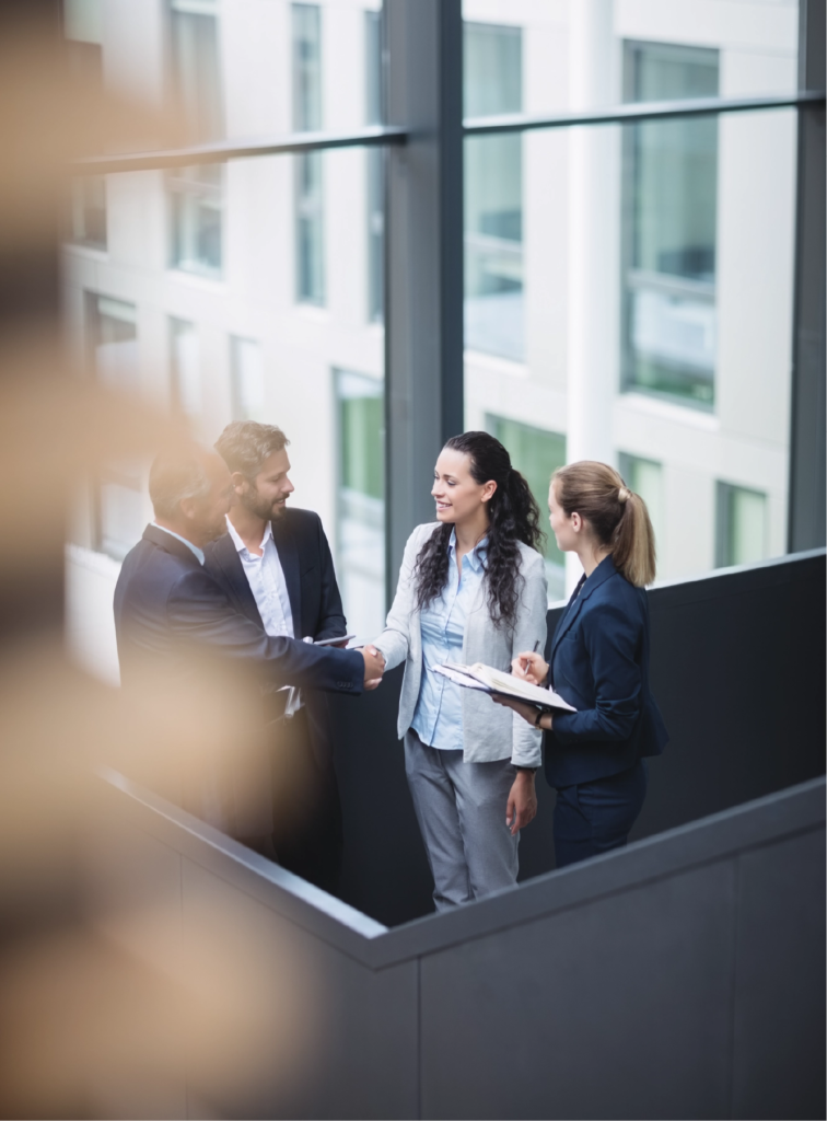 Group of students greeting each other at IAU Madrid during the Master in Business Administration in Madrid